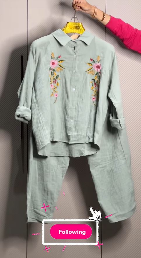 Women’s Floral Embroidered Pure Mal Cotton Shirt and Trouser Co-ord Set - Image 9