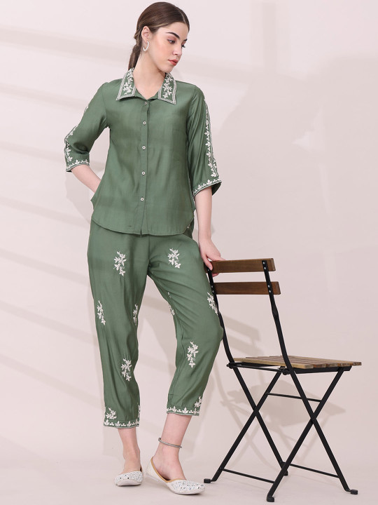Green Floral Embroidered Shirt with Trousers Co-ord Set - Image 3