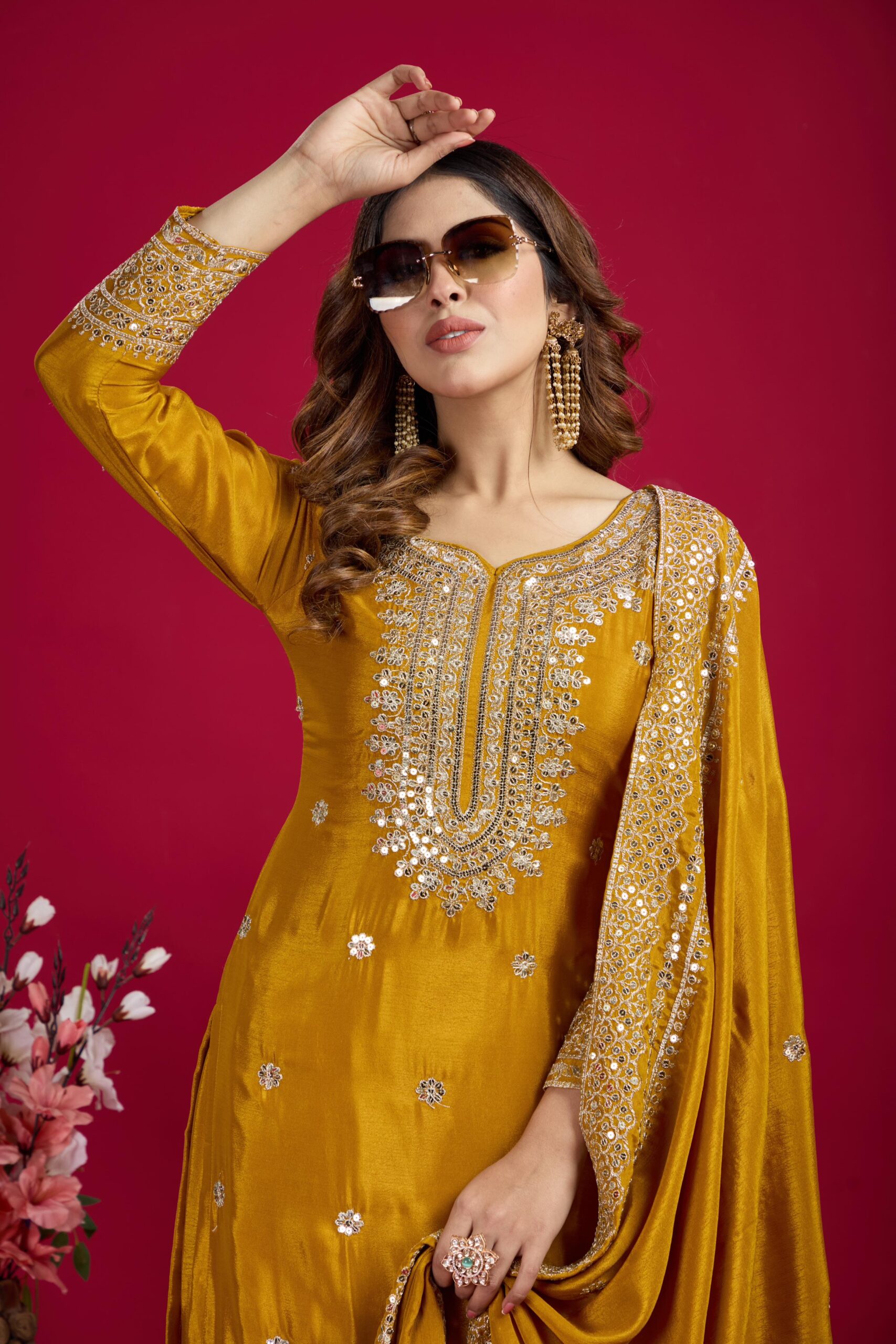 Mustard Color Chinon Silk Sharara Suit