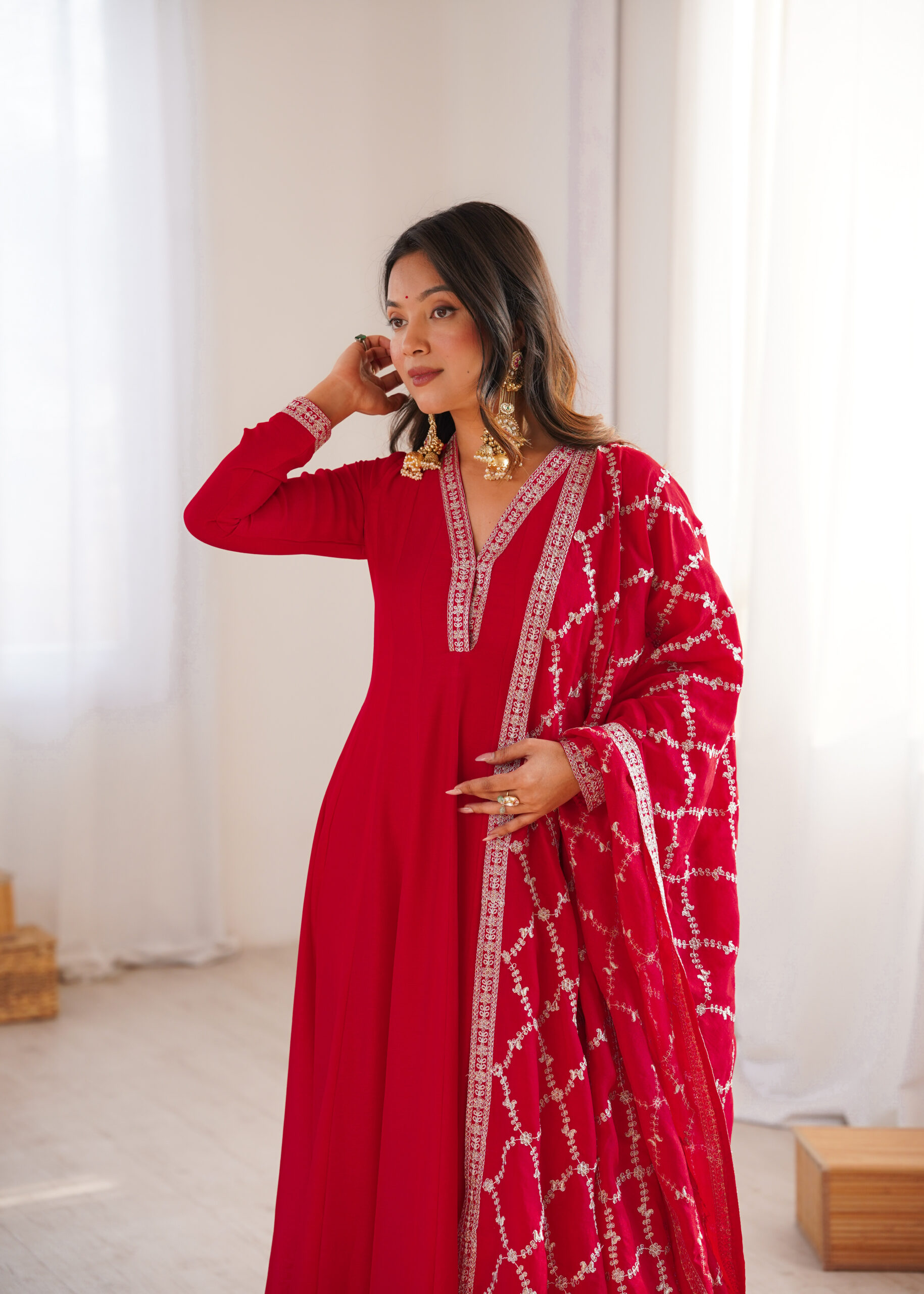 Red Anarkali Suit with Embroidered Border and Printed Dupatta