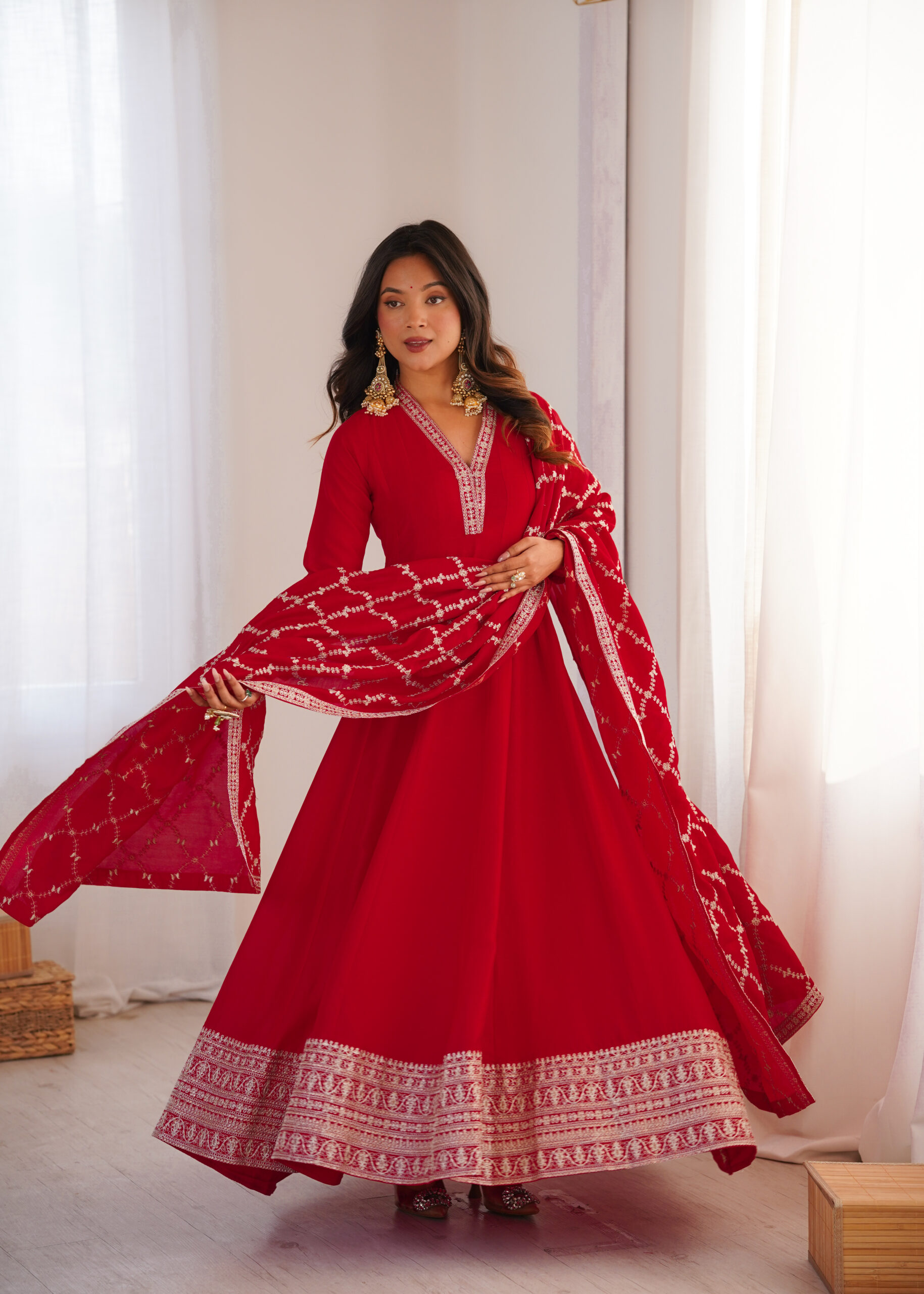 Red Anarkali Suit with Embroidered Border and Printed Dupatta - Image 4