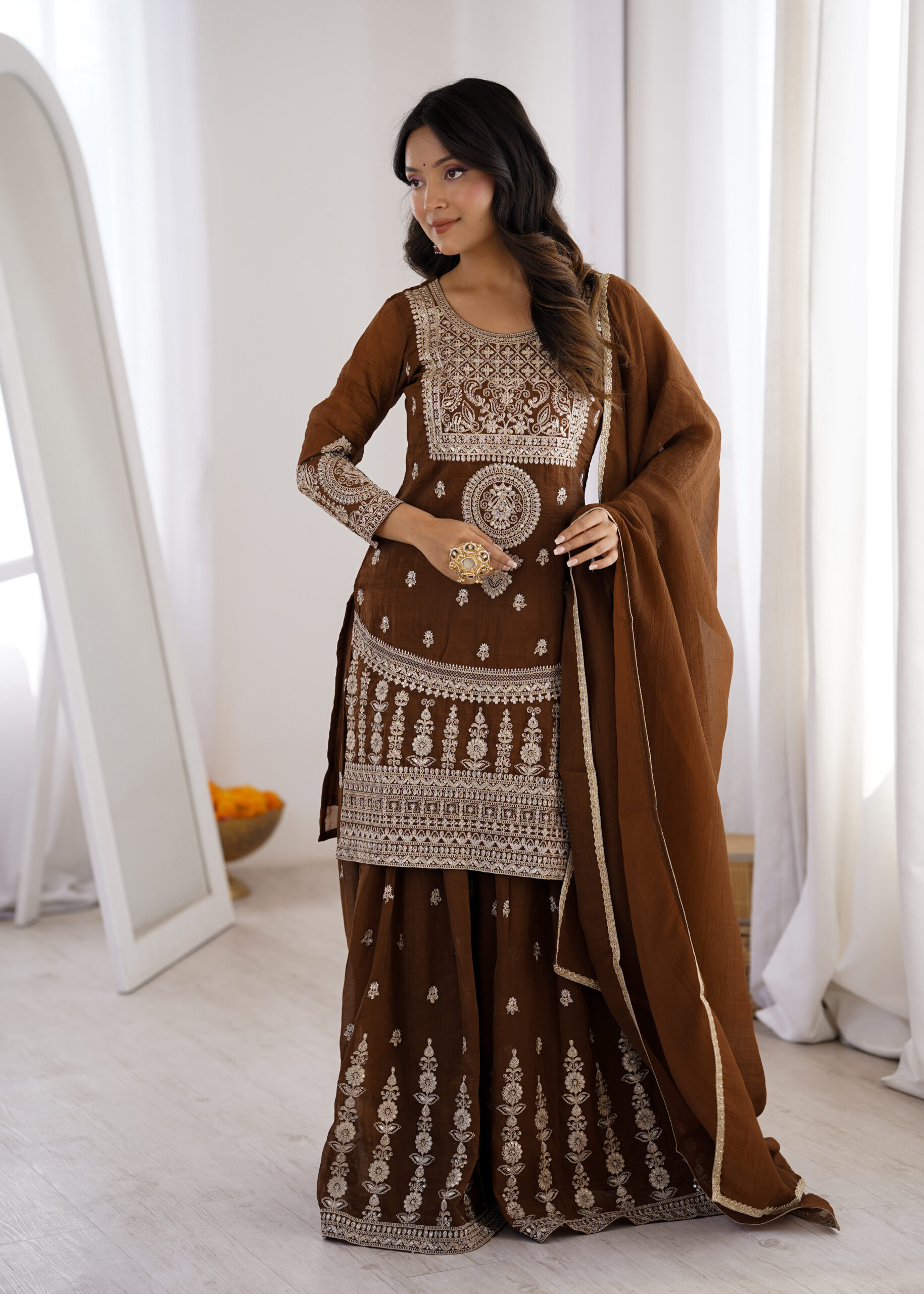 Delicate Brown Embroidered Crunchy Silk Sharara Suit - Image 2