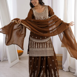 Delicate Brown Embroidered Crunchy Silk Sharara Suit