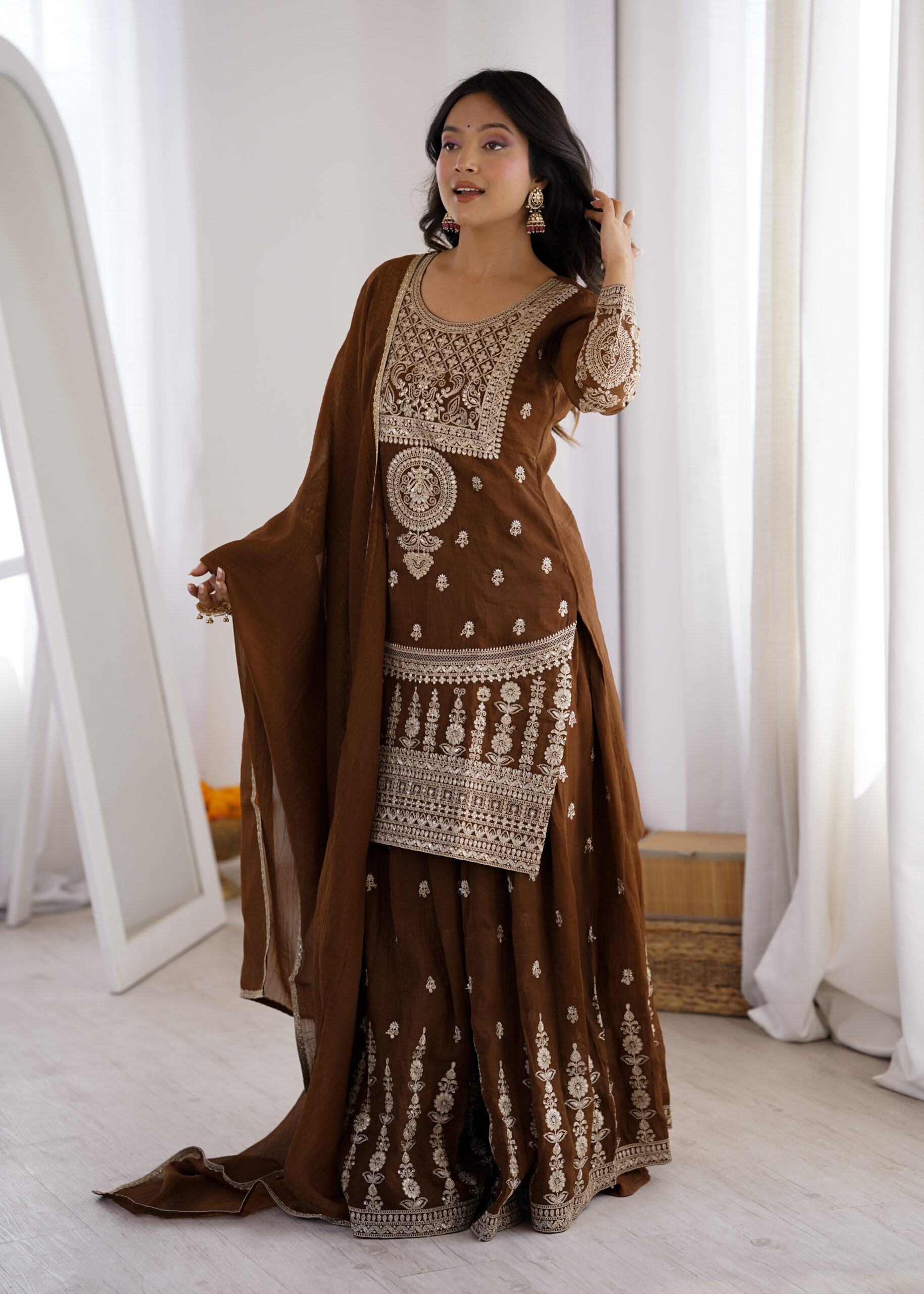 Delicate Brown Embroidered Crunchy Silk Sharara Suit - Image 4