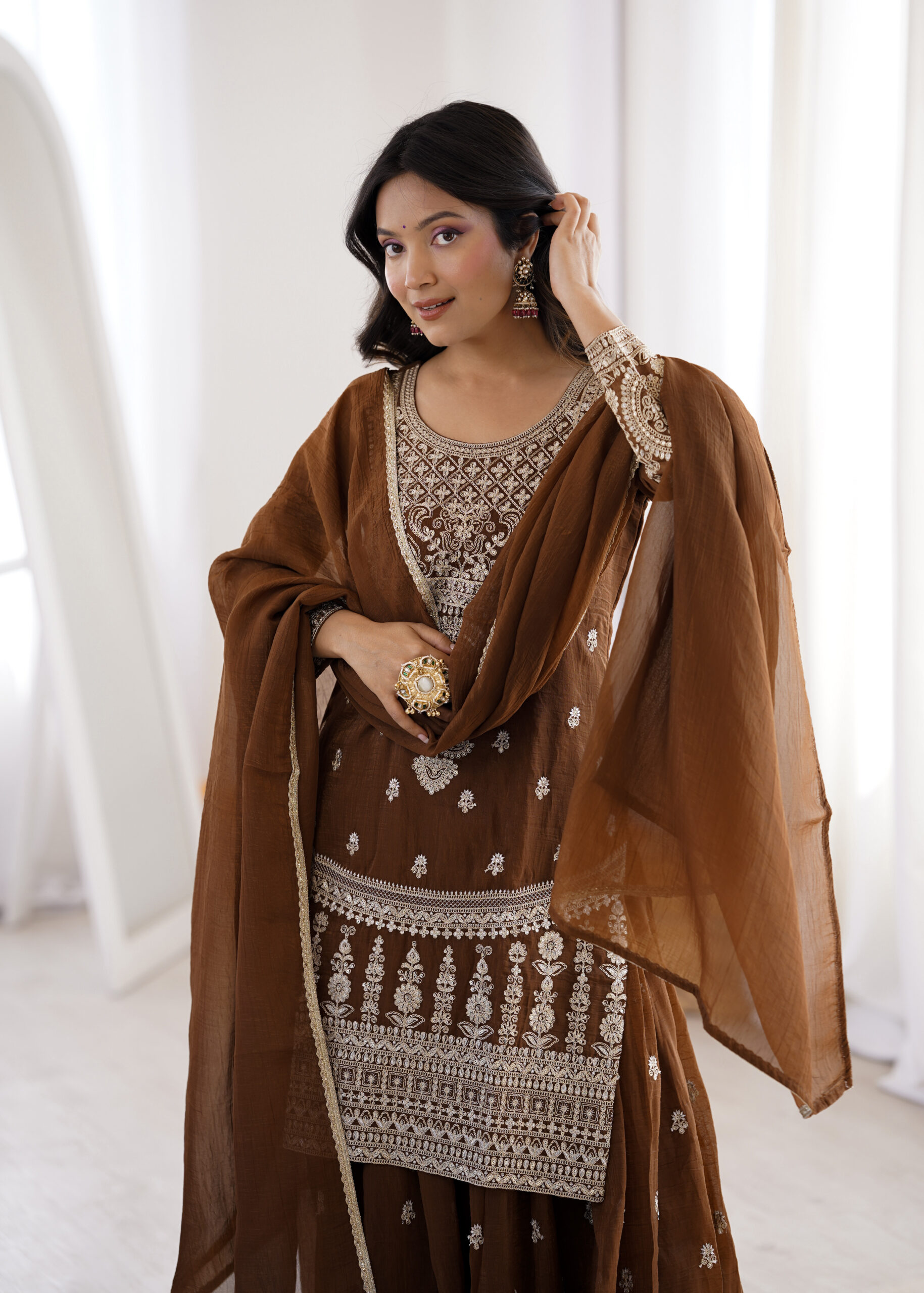 Delicate Brown Embroidered Crunchy Silk Sharara Suit - Image 5