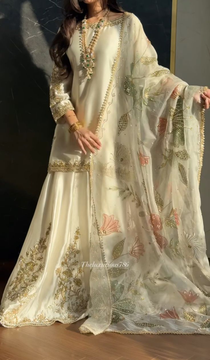 Ivory Embroidered Anarkali Suit with Organza Dupatta