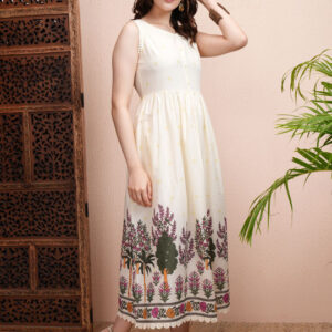 Cream Floral Print Fit and Flare Midi Dress