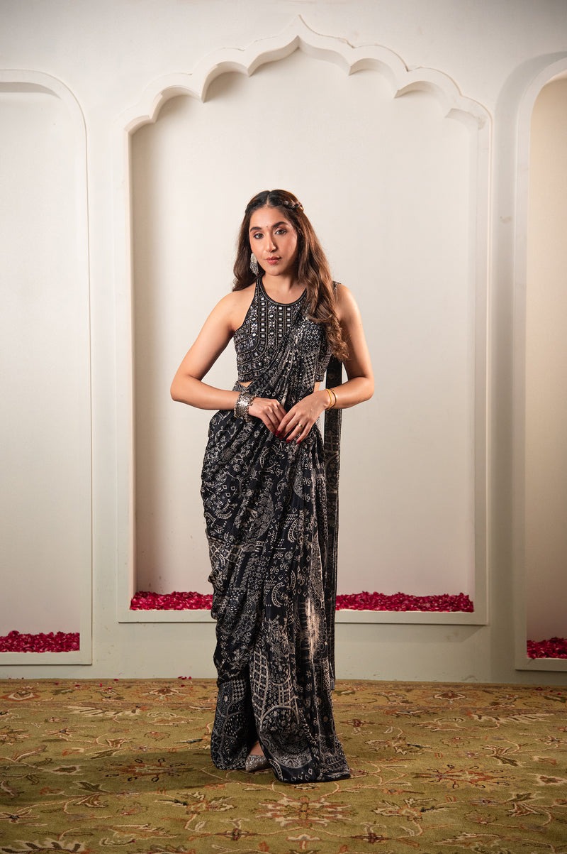 Designer Black Chiffon Cocktail Saree - Image 3