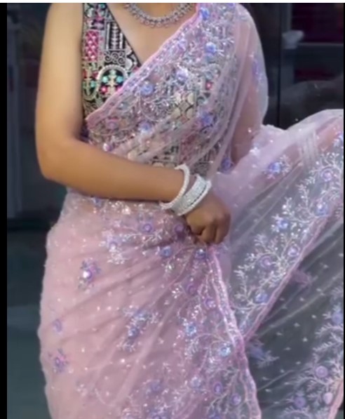 Baby Pink Floral Embroidered Net Saree with Designer Blouse