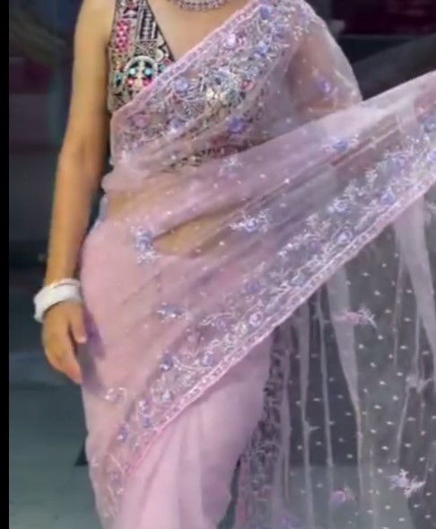 Baby Pink Floral Embroidered Net Saree with Designer Blouse - Image 3