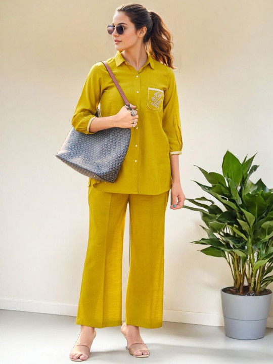 Mustard Yellow Embroidered Silk Co-ord Set - Image 2