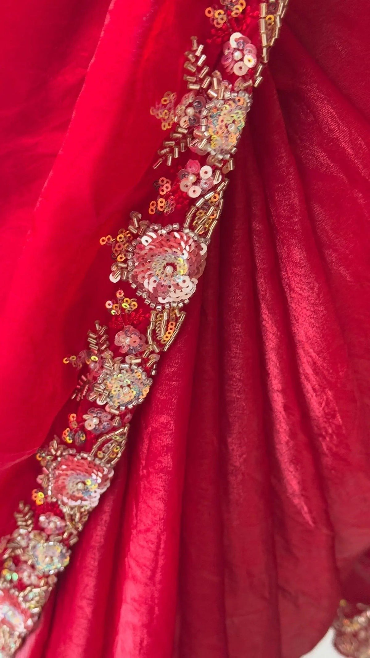 Designer Moti Work Red Color Saree With Blouse Pis - Image 4