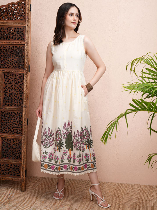 Cream Floral Print Fit and Flare Midi Dress - Image 4