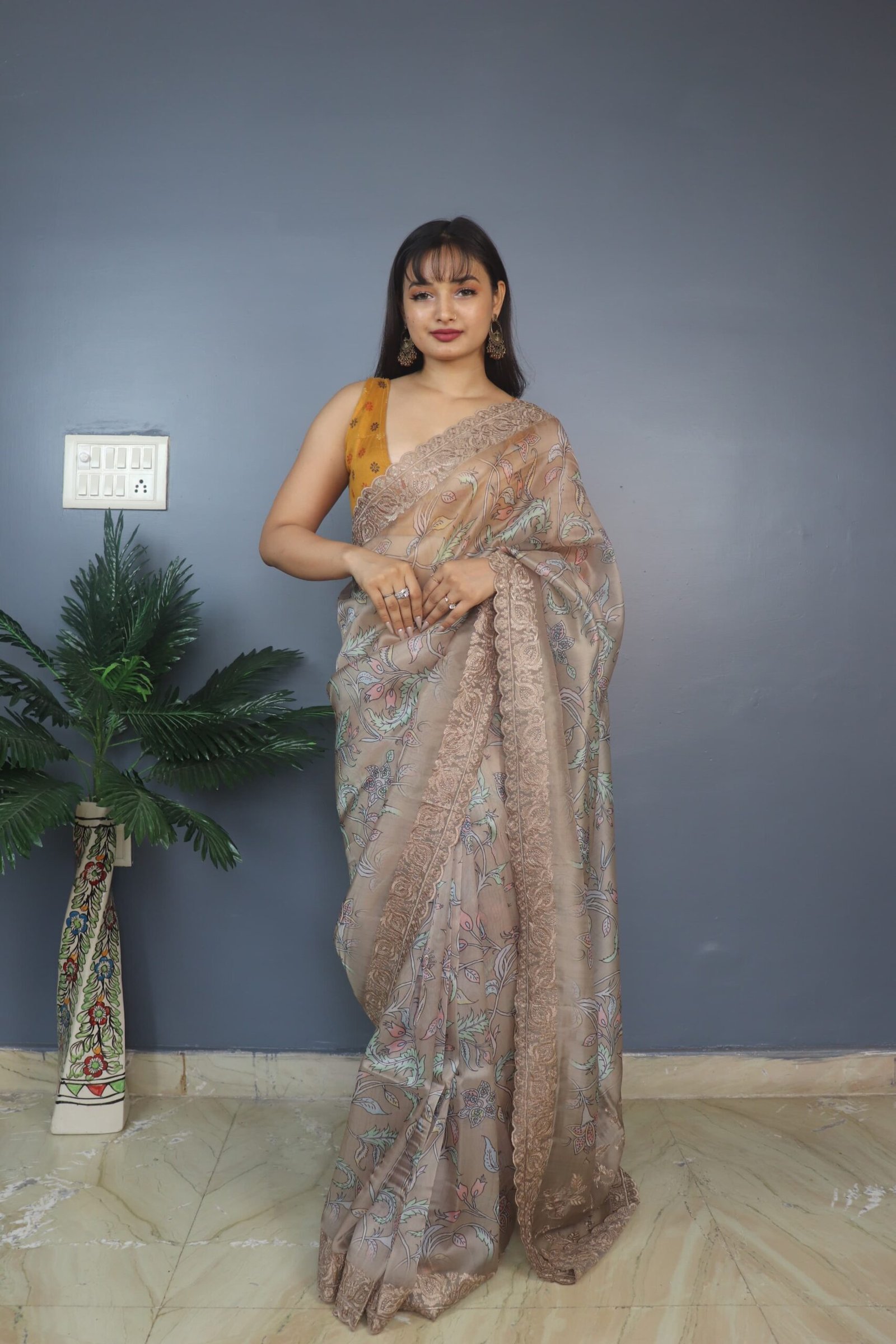 Classy Organza Brown Color Saree