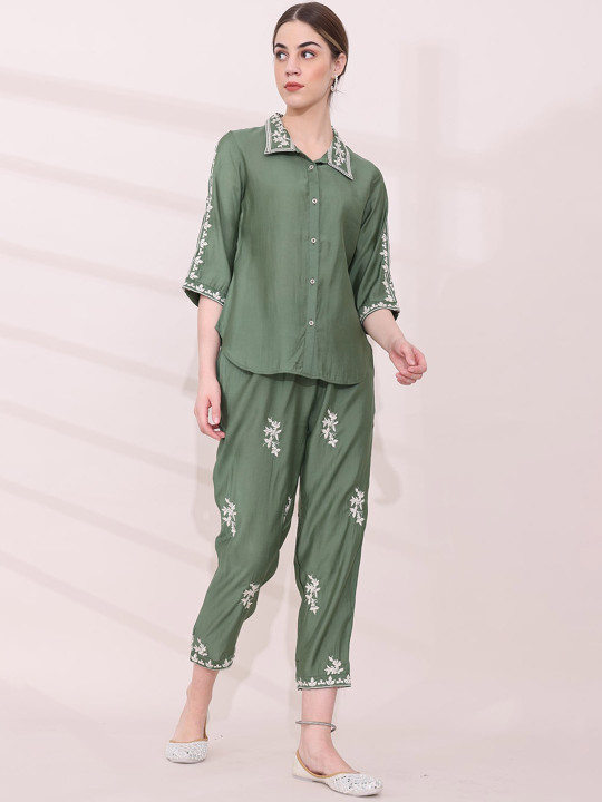 Green Floral Embroidered Shirt with Trousers Co-ord Set - Image 4
