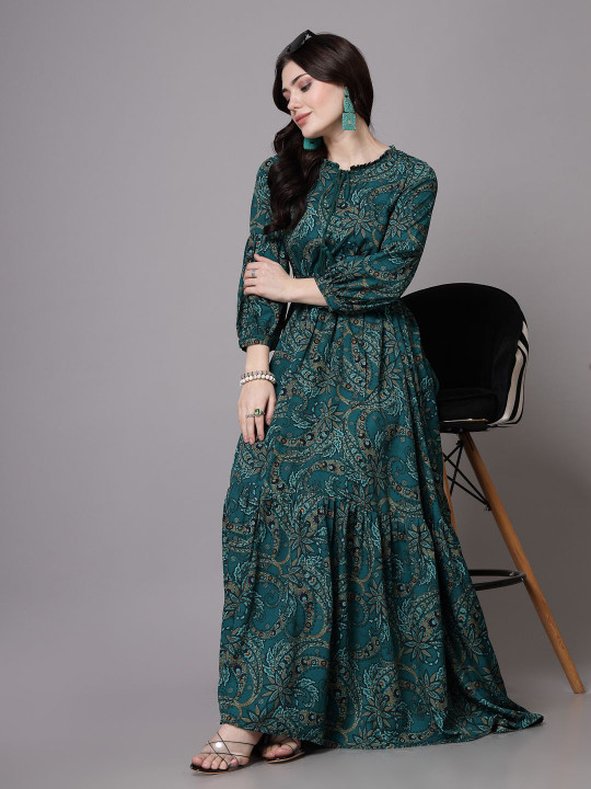Floral Printed Mandarin Collar Cuffed Sleeves Tiered Maxi Dress - Image 5