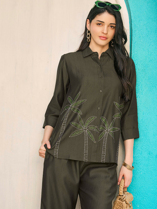 Olive Green Coconut Tree Embroidered Shirt & Trousers Co-ord Set - Image 4