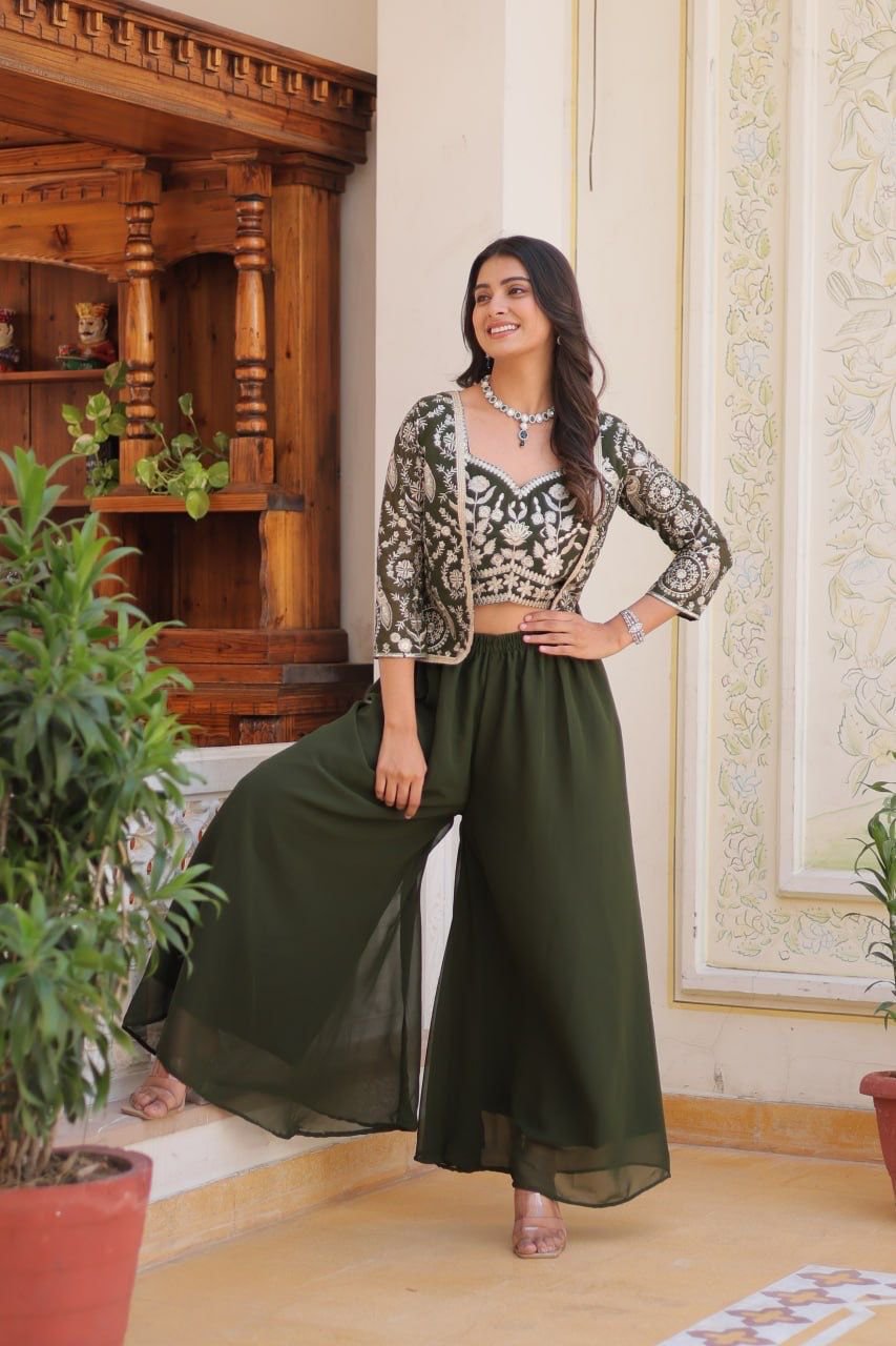 Designer Mehndi Color Koti With Palazzo - Image 3