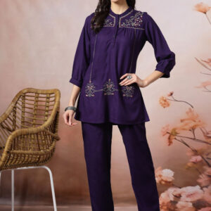 Purple Embroidered Mandarin Collar Tunic and Trouser Co-ord Set