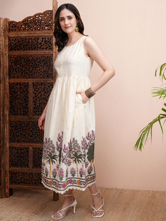 Cream Floral Print Fit and Flare Midi Dress - Image 2