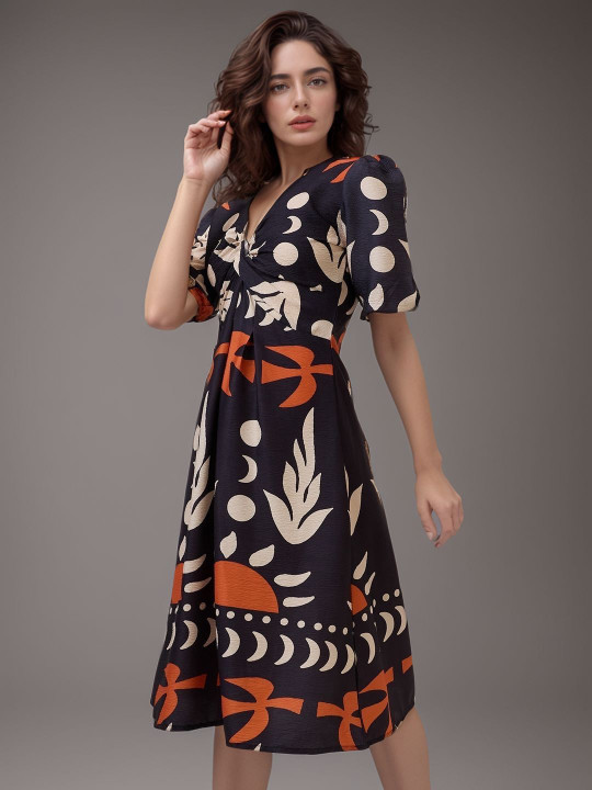 Black Abstract Sun & Leaf Print A-Line Midi Dress - Image 3