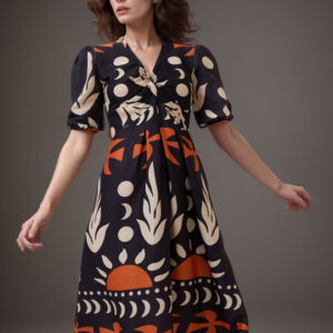 Black Abstract Sun & Leaf Print A-Line Midi Dress