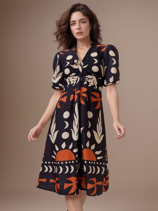 Black Abstract Sun & Leaf Print A-Line Midi Dress - Image 5
