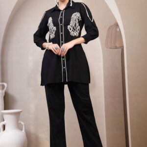 Black and White Embroidered Tunic and Trouser Set