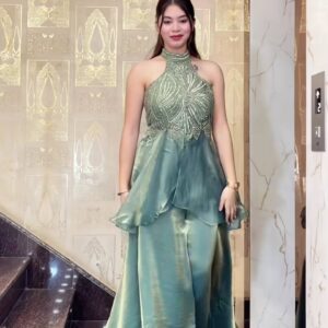 Sage Green Embellished Halter Top with Flowy Satin Palazzo Set