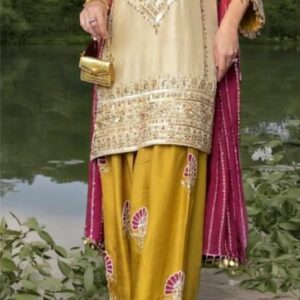 Hand Embroidered Kurta Set with Farshi Palazzo and Dupatta