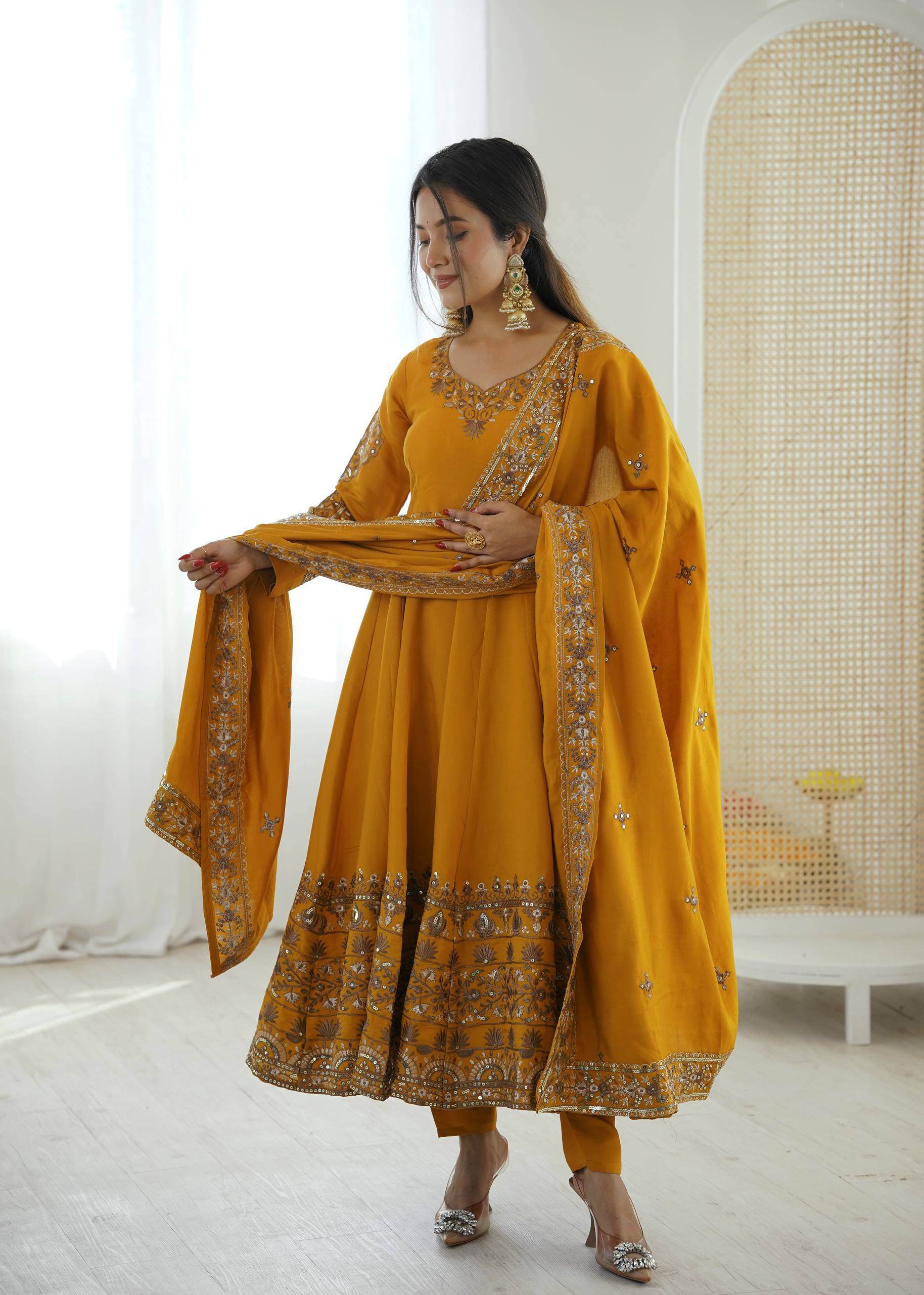Mustard Embroidered Anarkali Suit with Matching Dupatta - Image 2