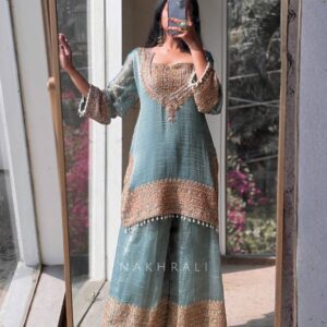 Firozi Fendy Silk Embroidered Sharara Suit Set with Lace Work