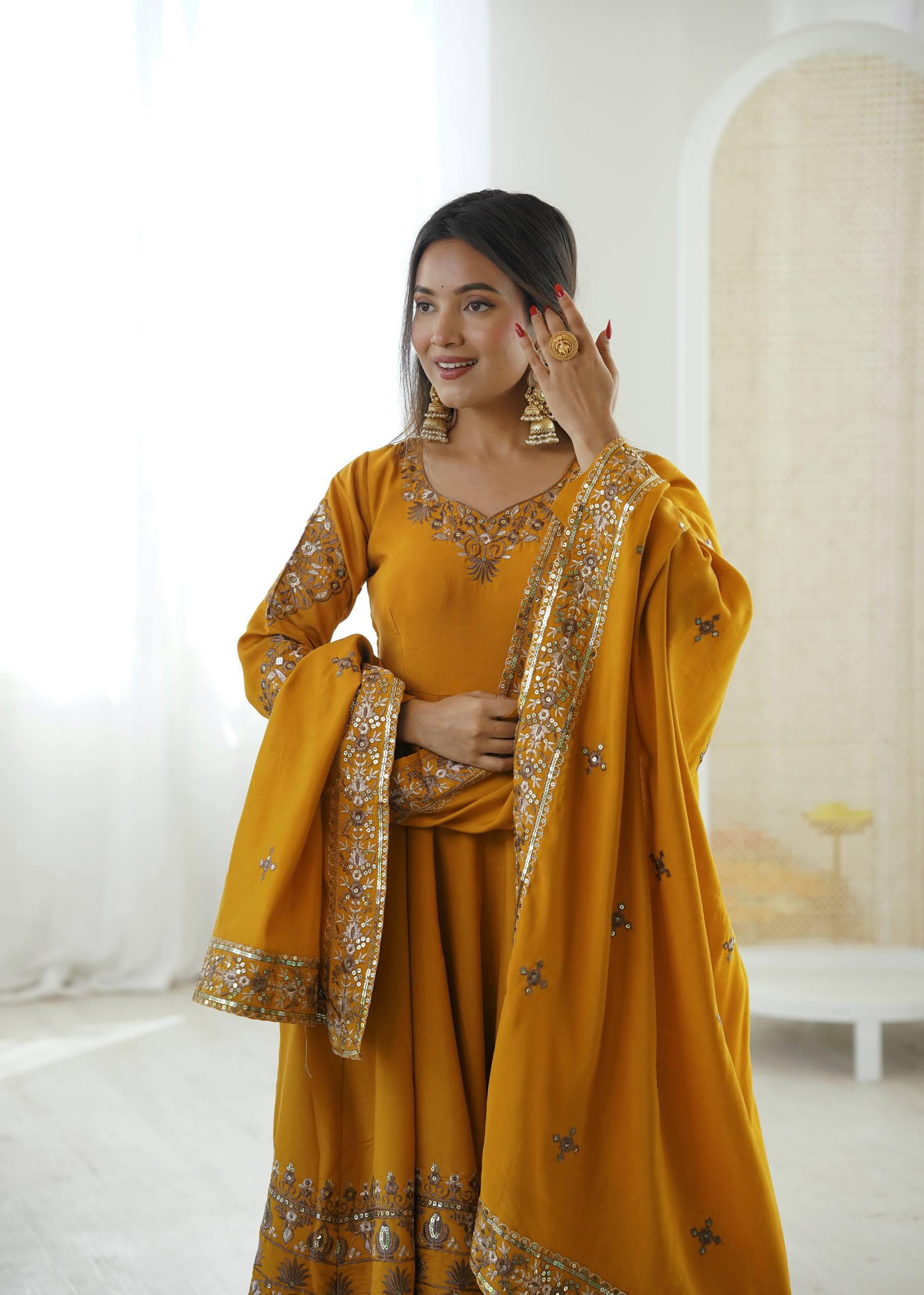 Mustard Embroidered Anarkali Suit with Matching Dupatta - Image 4