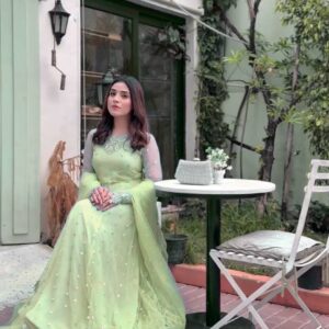 Pista Green Embroidered Gown with Lehenga and Dupatta Set