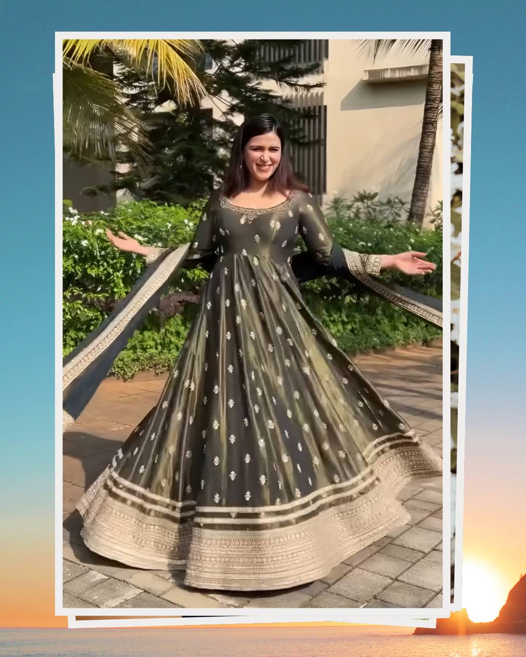 Elegant Olive Green Anarkali Gown with Zari Border - Image 2