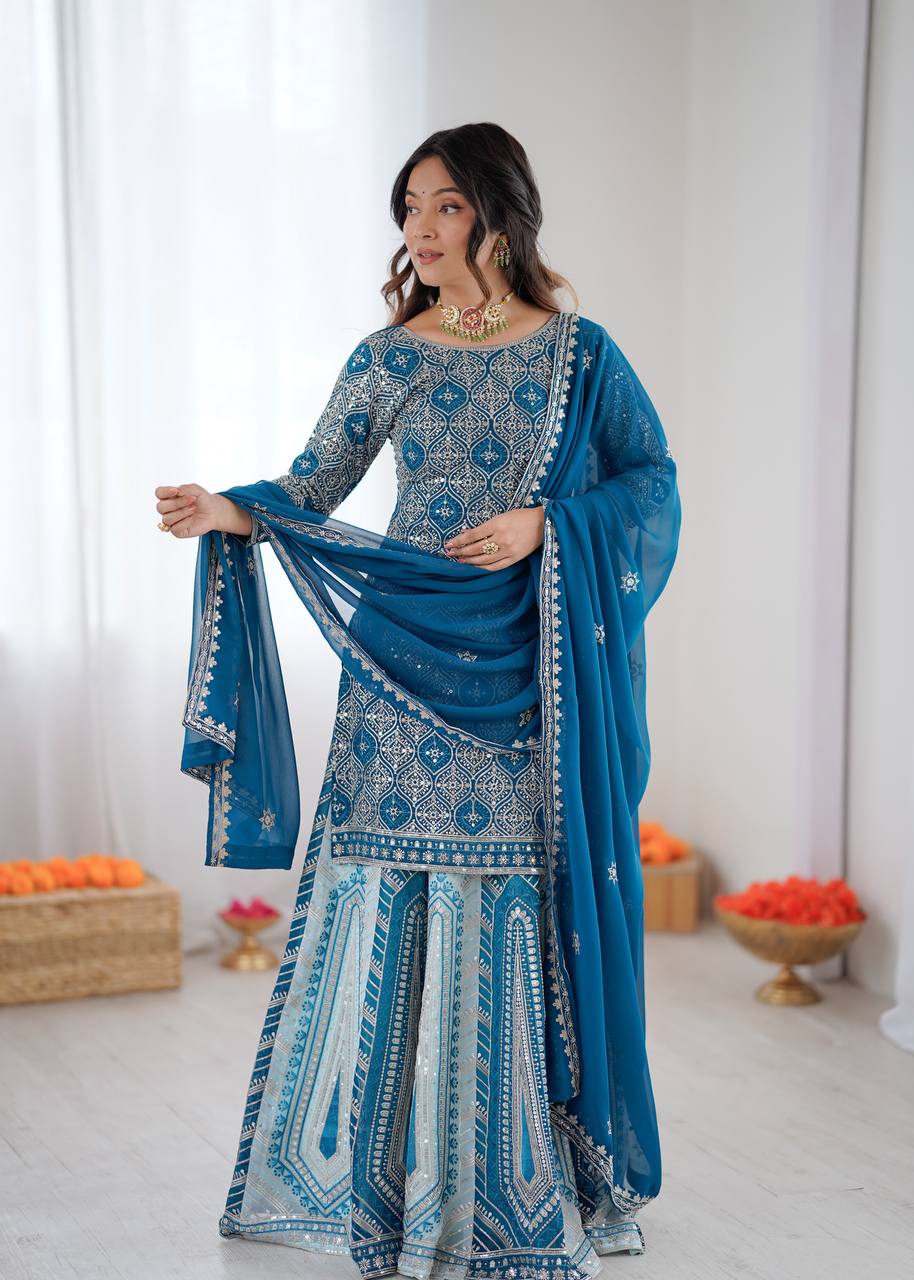 Teal Blue Embroidered Lehenga Set with Dupatta