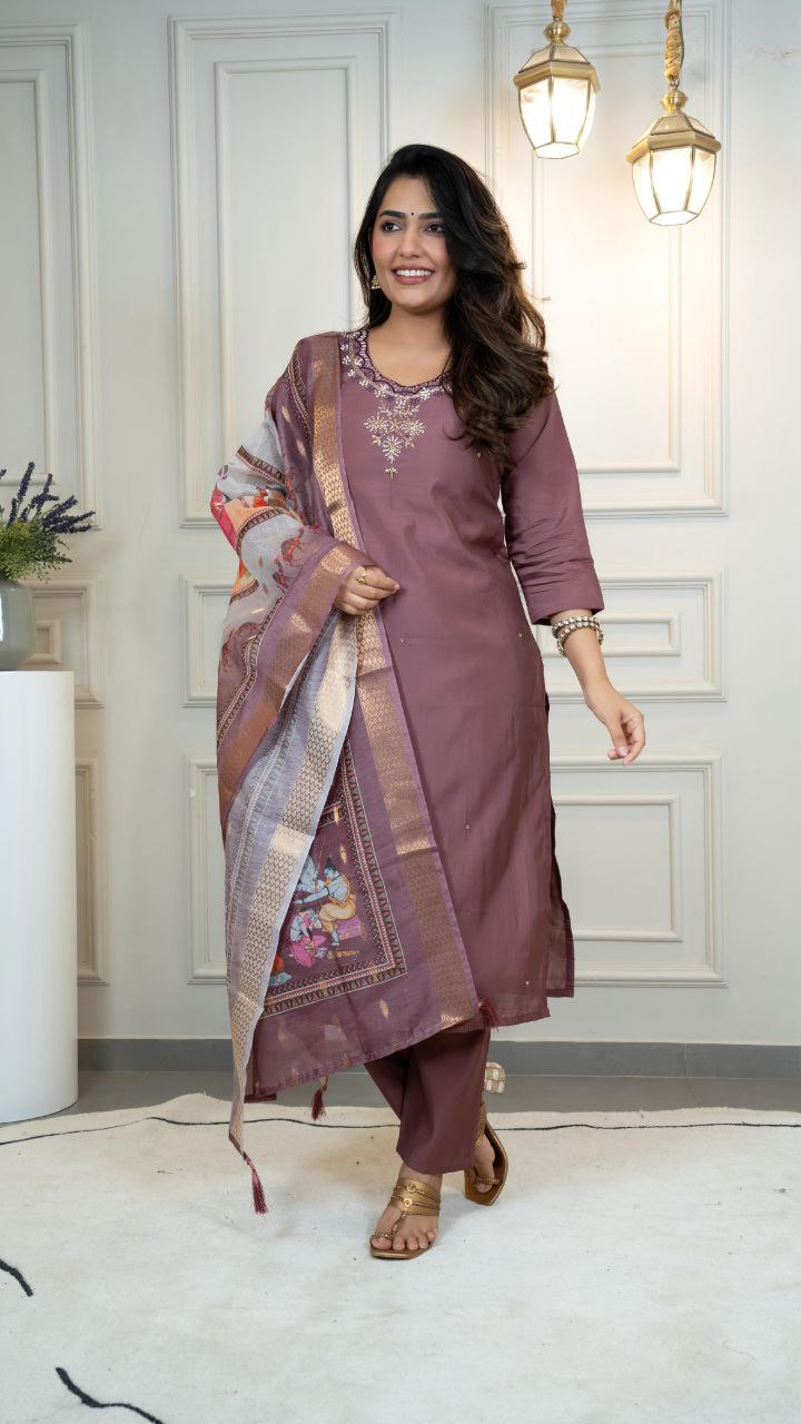 Elegant Mauve Straight Kurta Suit with Printed Dupatta - Image 2
