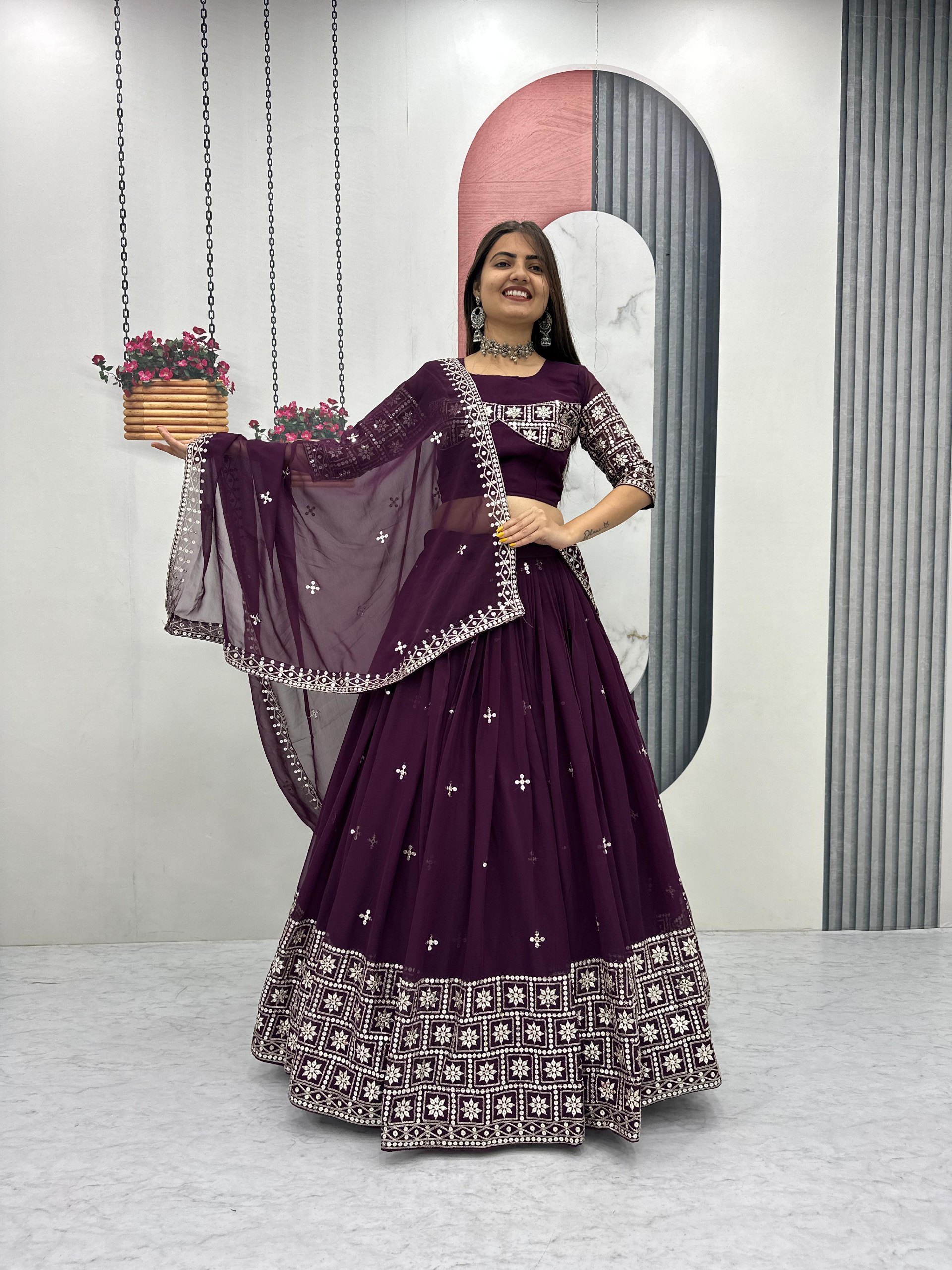 Plum Embroidered Lehenga Choli with Dupatta - Image 2