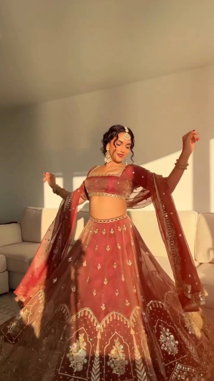 Dusty Rose Embroidered Lehenga Set with Sheer Dupatta - Image 2