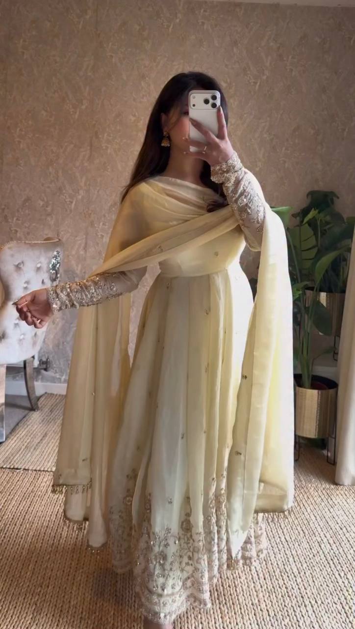 Butter Yellow Embroidered Anarkali Set with Dupatta - Image 2