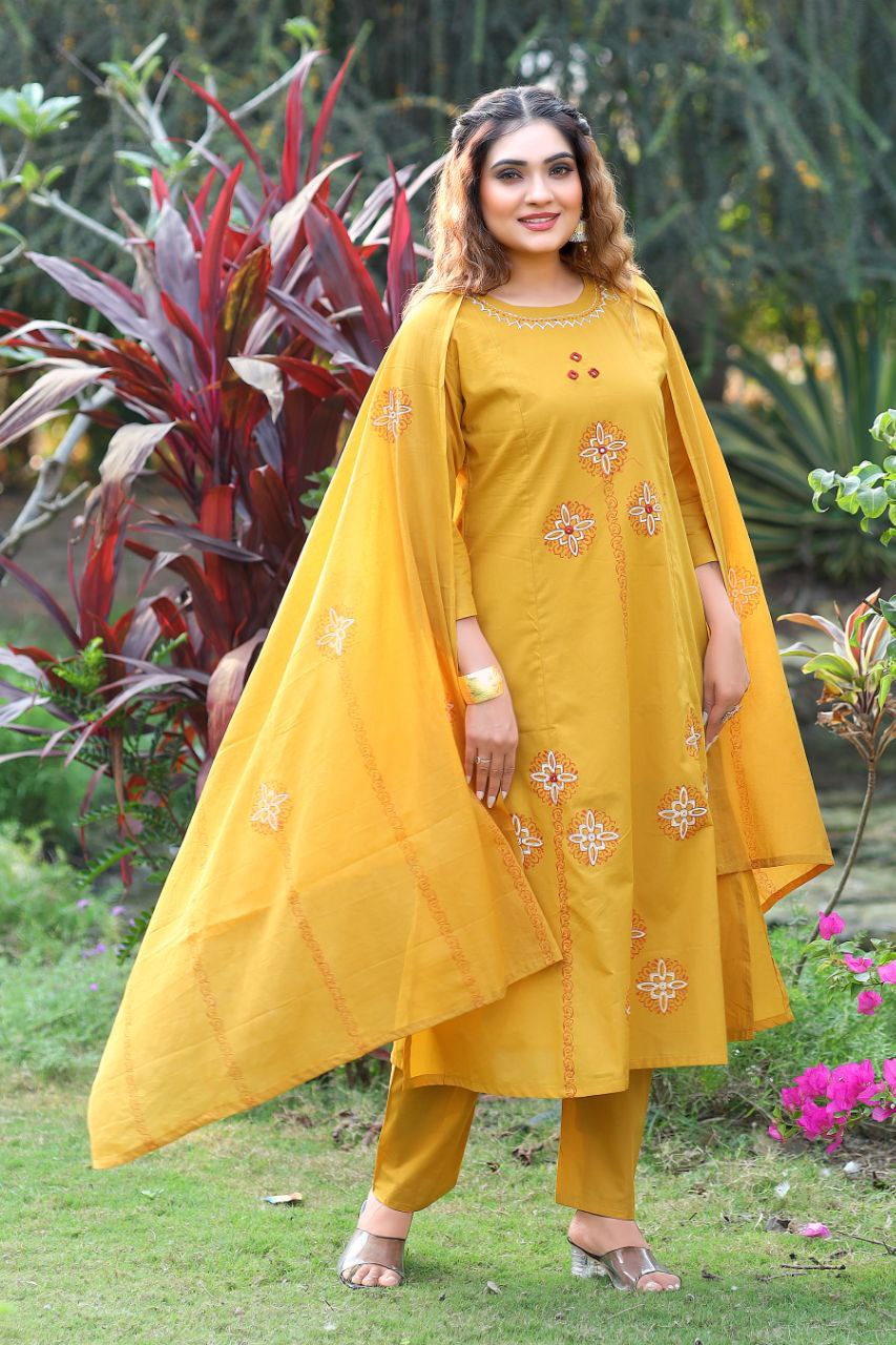 Mustard Pure Cotton Real Mirror Work A-Line Kurti Set - Image 2