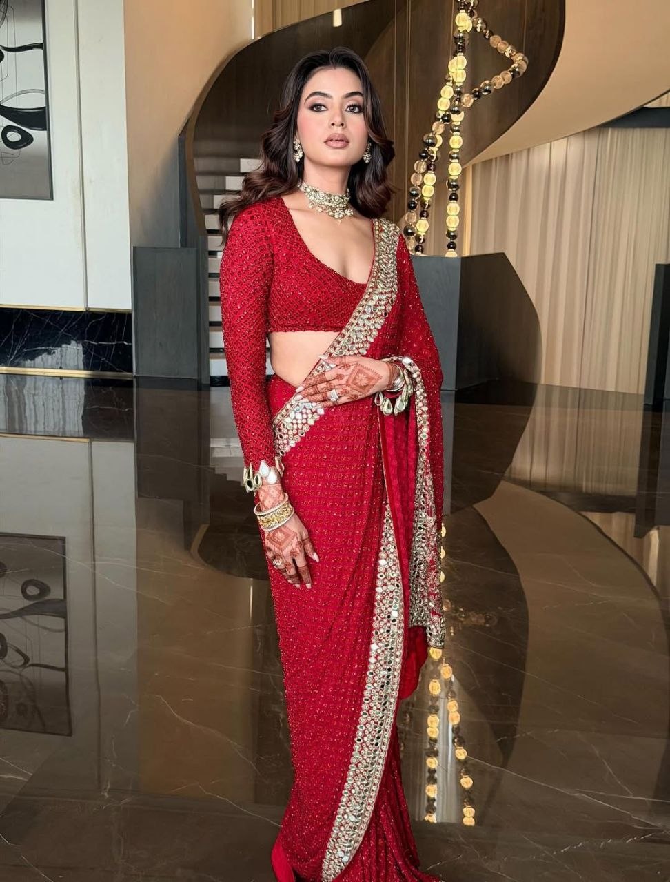 Red Georgette Mirror and Sequence Embroidery Saree - Image 2
