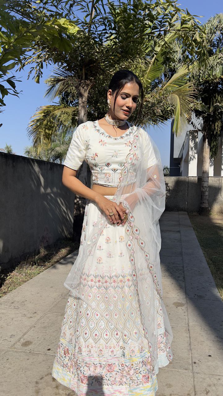 White Color Thread Embroidery Work Georgette Lehenga Choli