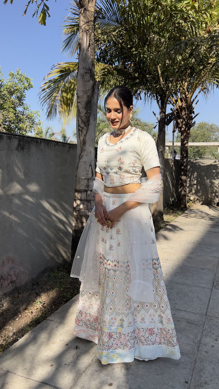 White Color Thread Embroidery Work Georgette Lehenga Choli - Image 3
