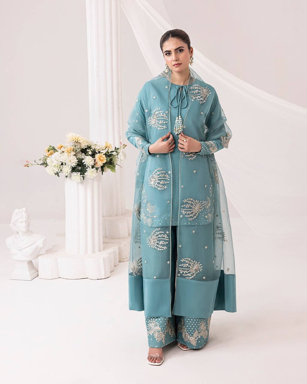 Natural Crep Silk With Work Blue Suit