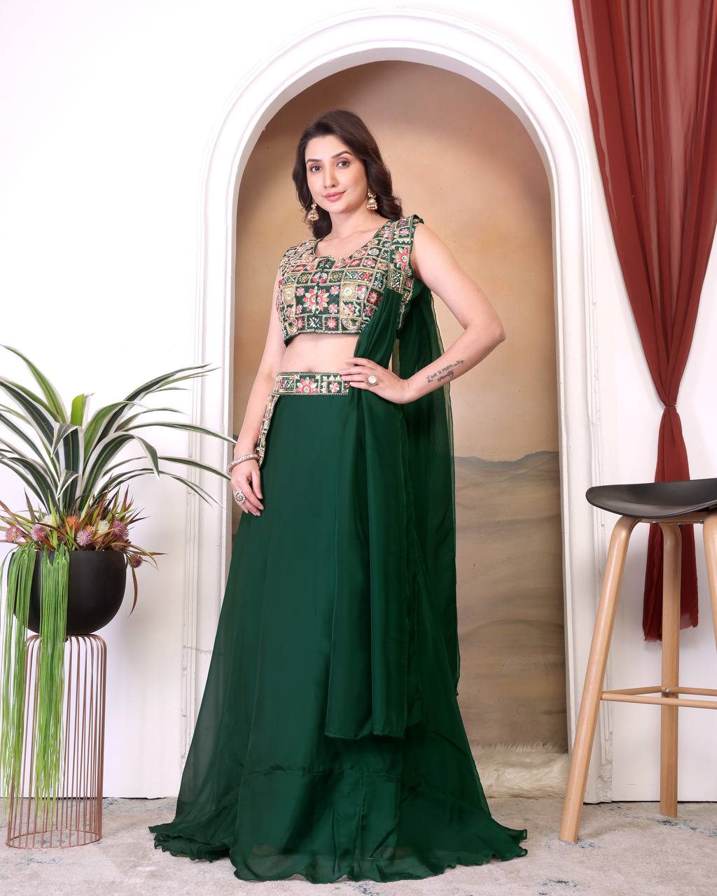 Mehndi Color Multicolor Thread Work Lehenga Choli - Image 3