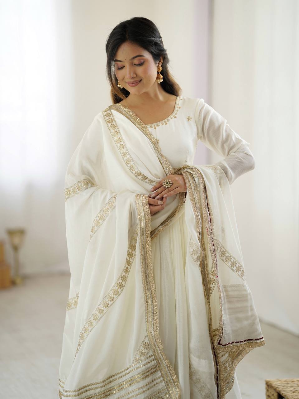 White Color Thread Work Gown - Image 4