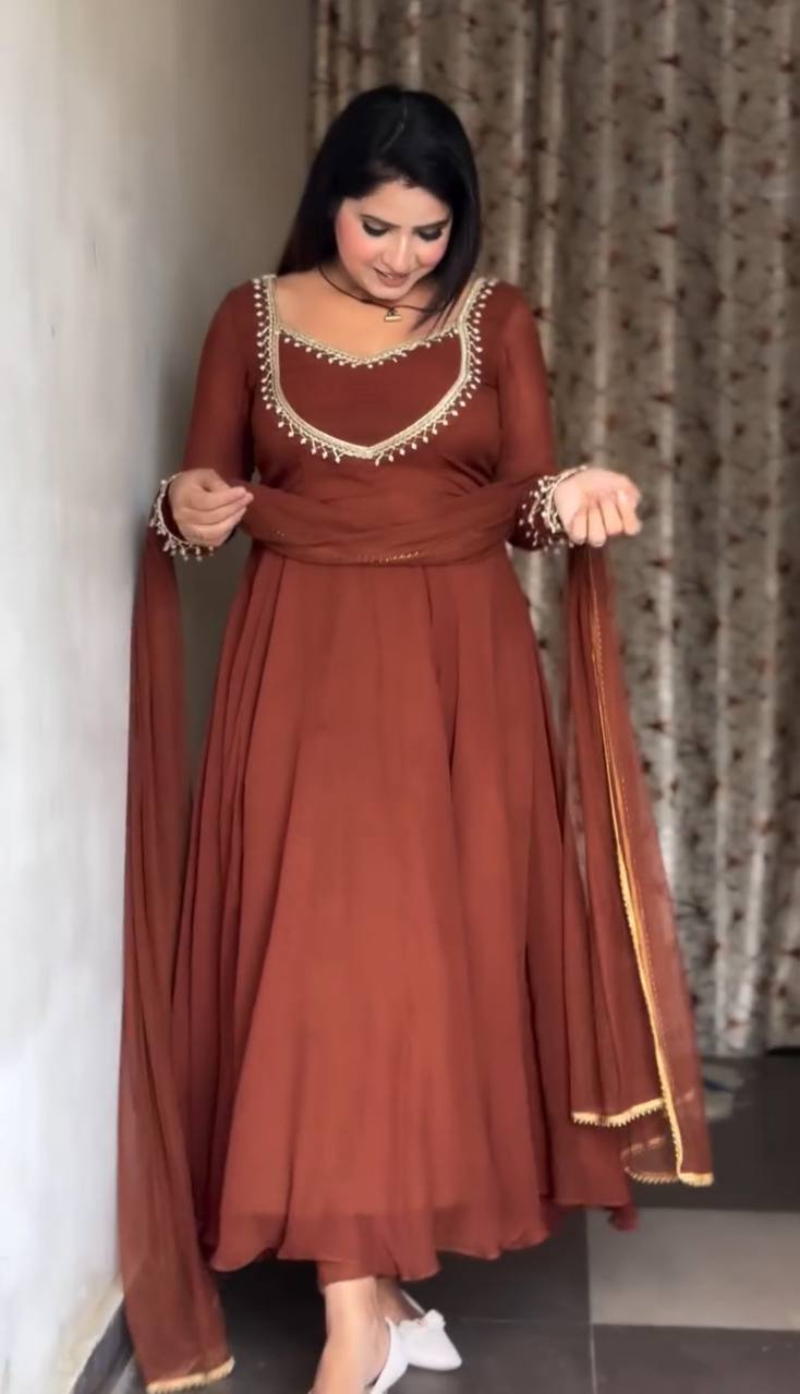 Elegant Rust Anarkali Dress with Embellished Neckline - Image 3