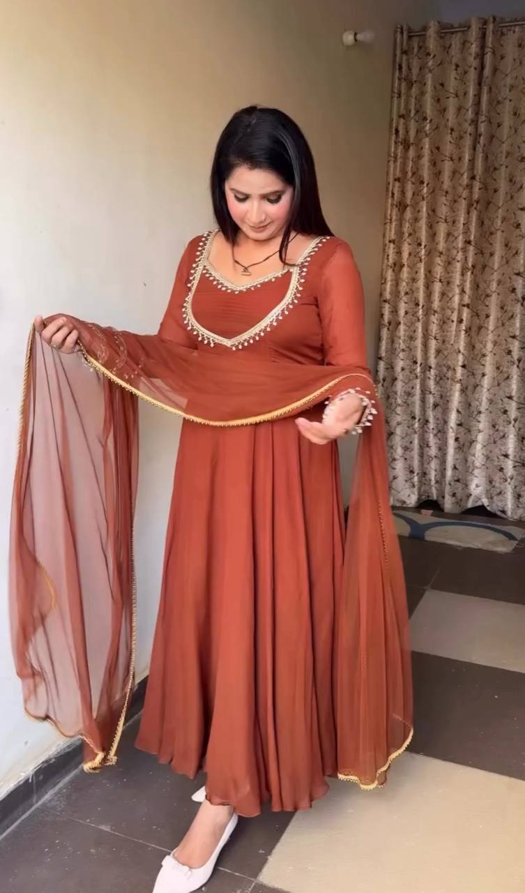 Elegant Rust Anarkali Dress with Embellished Neckline - Image 4