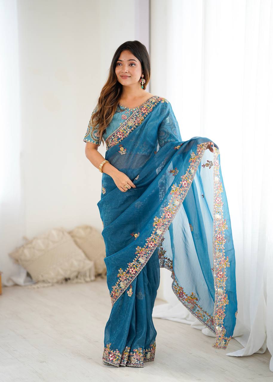 Sky Blue Color Thread Embroidered Silk Saree - Image 3